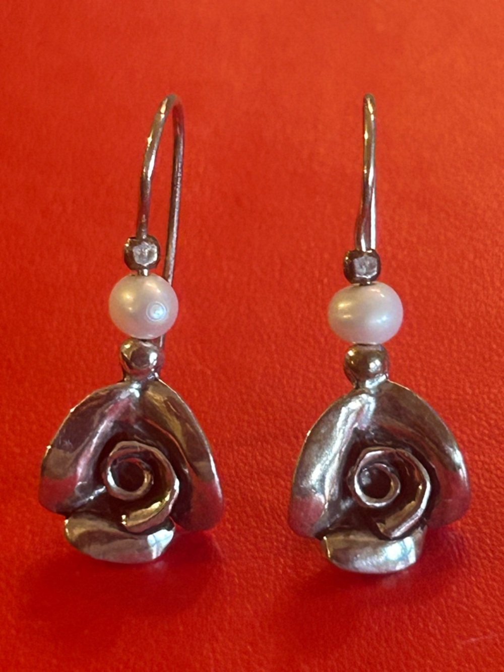 VTG Israel Sterling 825 Tulip Drop Earrings Cultured Pearl Classic Fresh Style